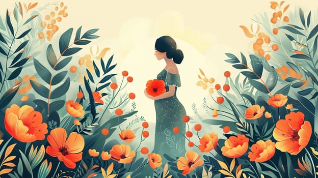A painting depicting a woman standing in the midst of a vibrant field of flowers. She is the central focus, surrounded by a variety of colorful blooms under a bright sky.