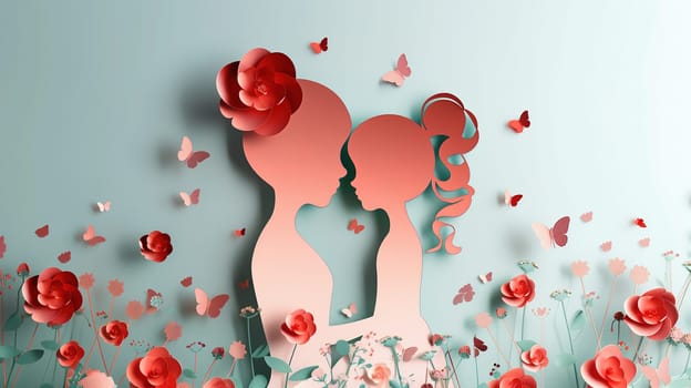 A paper cut showing a couple kissing passionately in a lush field of colorful flowers. The intricate design captures the intimacy and beauty of the moment.