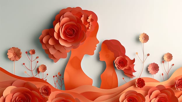 This paper cut art features two women surrounded by intricate flower designs. The women are depicted in stylish poses, adding a contemporary touch to the traditional art form.