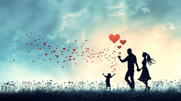 A silhouette of a man and a woman holding hands, surrounded by flying hearts. This image captures the essence of love and unity between two people on a special occasion.