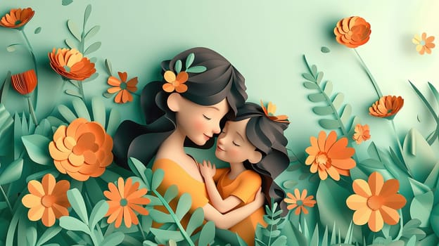 A woman stands in a field of colorful flowers, holding a child in her arms. The child is looking up at her with a smile, surrounded by vibrant blossoms under a clear sky.