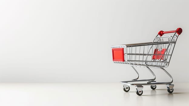 A small shopping cart with a red handle is shown against a plain background. The cart is empty, ready to be used for shopping. The red handle stands out prominently against the metal of the cart.