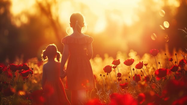 A mother and her daughter are walking through a vibrant field of colorful flowers, enjoying the beauty of nature on a sunny day. The two figures are immersed in the tranquil setting, surrounded by blooming flora.