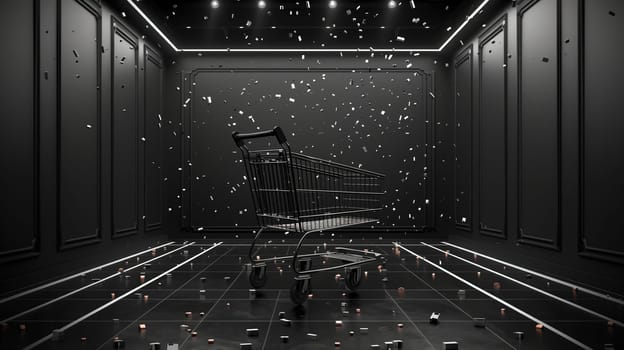 A shopping cart rests in a room overflowing with colorful confetti, symbolizing a festive and celebratory atmosphere. The confetti adds a playful touch to the mundane setting of shopping.