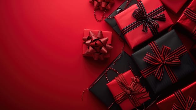 Several wrapped presents are neatly arranged on top of a vibrant red table. The presents appear ready for a special occasion, possibly as part of a sale or Black Friday promotion.