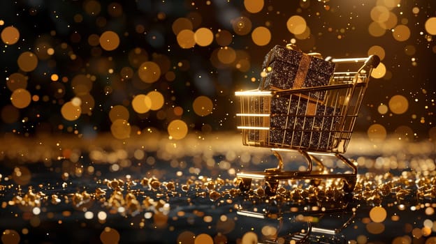 A shopping cart overloaded with colorful presents is displayed on the floor, symbolizing a shopping spree or gift-giving event during a sale like Black Friday.