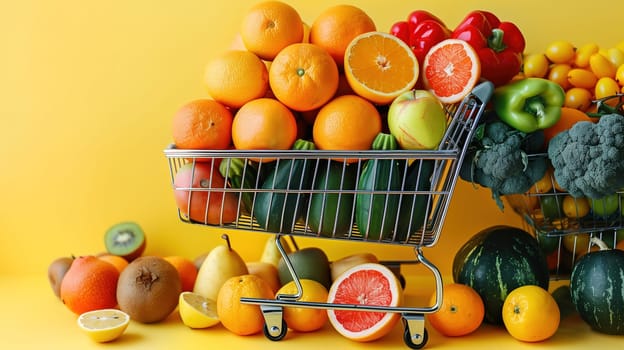 A shopping cart overflowing with a variety of fresh fruits and vegetables, including apples, bananas, lettuce, tomatoes, and carrots. The cart is parked in a grocery store aisle, showcasing a diverse selection of healthy produce.