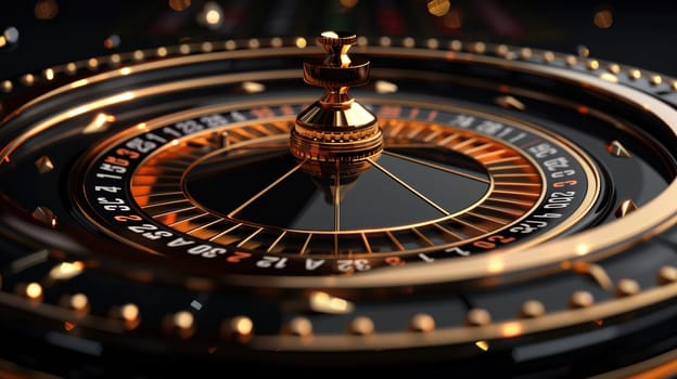 A detailed view of a roulette wheel with alternating gold and black pockets spinning in a casino setting. The wheel is a key element in the gambling and casino experience.