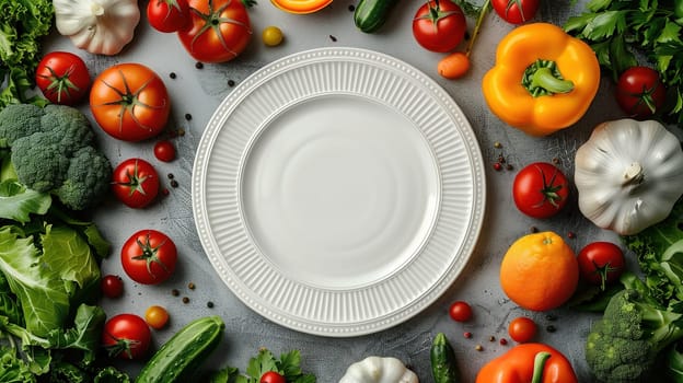 A white plate sits in the center of the image, filled with an assortment of fresh vegetables such as tomatoes, lettuce, carrots, bell peppers, onions, and cucumbers. The colorful display showcases a variety of textures and shapes, creating a vibrant and appetizing scene.