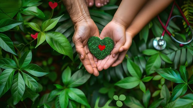 Two individuals are seen holding a green heart symbol together with their hands. The heart appears vibrant and eye-catching against the background.