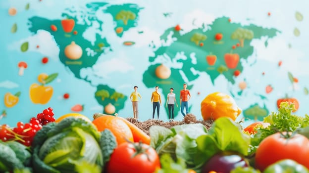 In the photo, a diverse group of people are standing on a large pile of assorted vegetables. They seem to be inspecting the produce, possibly at a local market or farm setting.