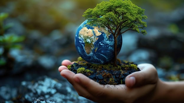 A person is holding a small tree plant in their hands. The individual appears to be caring for the tree, likely planting it to help the environment on Earth Day.