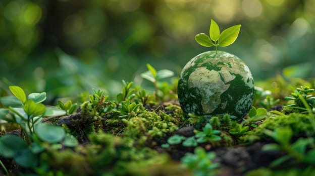 A green globe is shown with a plant visibly growing out of it. The plant appears to be flourishing, symbolizing Earths vitality and the concept of growth and sustainability.