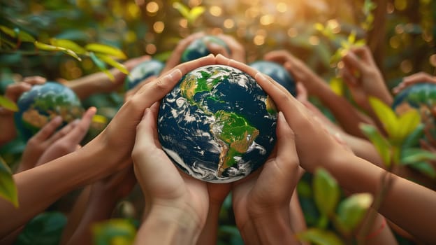 Various hands come together, cradling a small globe amidst a backdrop of verdant foliage, symbolizing unity and care for the planet on Earth Day. The warm sunlight filters through the leaves, highlighting the collaborative spirit of environmental protection.