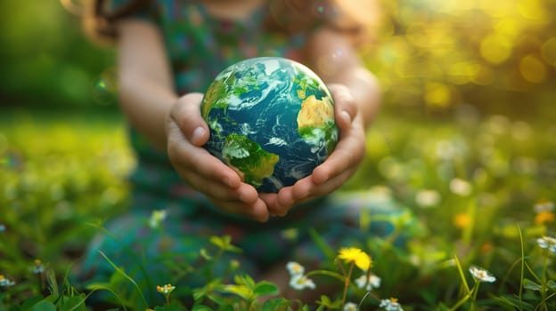A child sits among wildflowers and lush greenery, cradling a small globe in their hands with care, symbolizing environmental awareness and the celebration of Earth Day under a warm, sunlit setting.