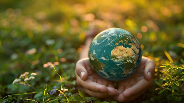 A person holding a small globe in their hands, symbolizing care for the planet and Earth Day concept. The individual is gently grasping the miniature model of Earth, emphasizing the importance of environmental awareness.