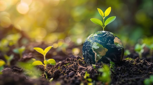 A young green plant emerges from the top of a small globe nestled in rich, dark soil, bathed in warm sunlight, symbolizing growth and environmental conservation in celebration of Earth Day.