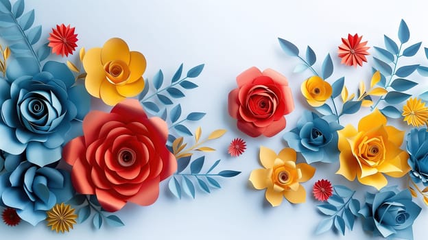 A cluster of paper flowers of various colors and sizes arranged neatly on a white surface. Each flower features intricate details and unique designs, creating a vibrant and eye-catching display.
