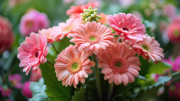 A variety of colorful flowers, including roses, daisies, and tulips, are arranged in a vase on a table. The vibrant petals and green stems create a lively and cheerful display.