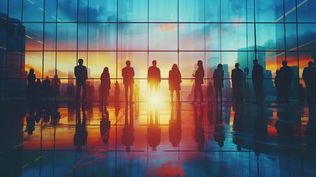 A group of silhouetted individuals stands before a large glass window, looking out over an urban skyline bathed in the warm hues of a setting sun. Their reflections glimmer on the polished floor, hinting at the days end of corporate activities.