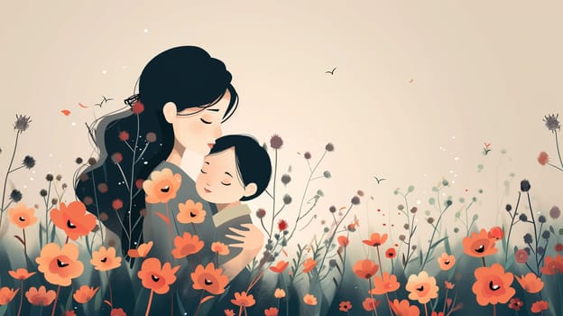 A woman stands in a field of colorful flowers, cradling a child in her arms. The duo is surrounded by nature, with wildflowers blooming all around them.