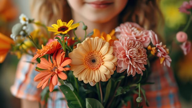 A young girl standing outdoors, holding a colorful bouquet of flowers in her hands. She is smiling as she gazes down at the flowers she is holding.