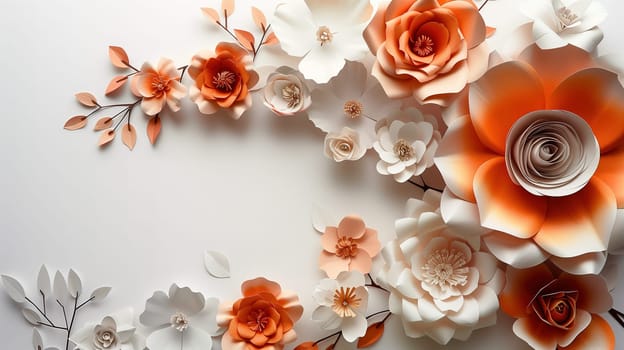 A circle of paper flowers, arranged neatly on a white surface, creating a visually pleasing pattern. The colorful flowers are meticulously placed in a circular formation, showcasing an artistic display.