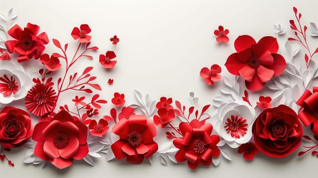 A collection of red and white paper flowers neatly arranged on a clean white background. The contrast between the vibrant red and crisp white creates a striking visual impact.