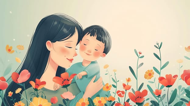 A woman is standing in a field of colorful flowers, holding a child in her arms. The child gazes curiously at the vibrant blooms surrounding them, while the woman looks on with a gentle smile.