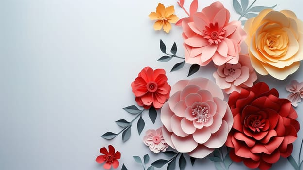 A collection of paper flowers beautifully displayed on a wall, adding a touch of color and charm to the space. These handcrafted flowers bring a festive and decorative atmosphere, celebrating International Mothers Day.