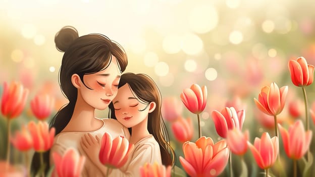 Two women standing next to each other in a field filled with colorful flowers, their faces turned toward each other in conversation, surrounded by nature.