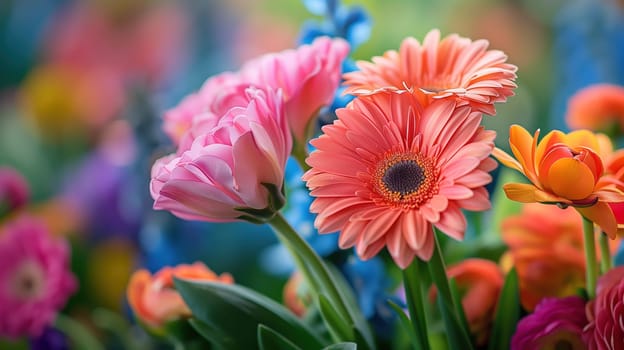 A collection of various colorful flowers tightly packed together and arranged neatly in a glass vase. The flowers showcase a variety of shapes, sizes, and colors, making for a vibrant and lovely display.