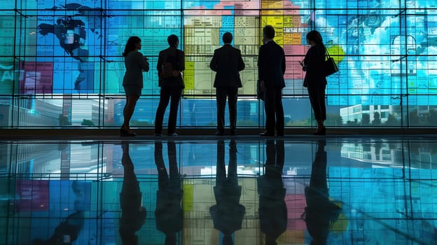 A group of individuals dressed in business attire standing in front of a large, floor-to-ceiling window. They appear engaged in conversation or observing something outside the window.