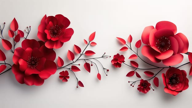 A bunch of red paper flowers arranged neatly on a plain white background. The flowers are vibrant and eye-catching, adding a pop of color to the minimalistic setting.
