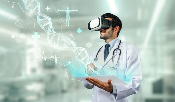 Skilled doctor using VR goggles and research about genetic while standing at lab. Professional doctor wearing visual reality headset to researching about medical theory while holding chart. Deviation.