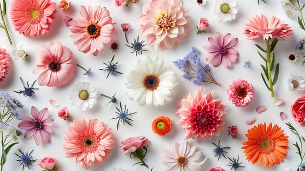 A collection of different colored flowers, including roses, tulips, and daisies, arranged neatly on a white surface. The flowers create a vibrant and colorful display, showcasing their natural beauty.