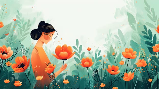 A painting depicting a woman standing gracefully in a lush field of vibrant flowers, with her gaze directed towards the sky. The colorful blooms surrounding her create a harmonious and tranquil setting.