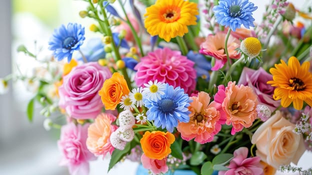 A blue vase is filled to the brim with a vibrant assortment of colorful flowers, creating a lively and cheerful display. The various blooms spill out in a joyful burst of hues, adding a pop of color to any room.