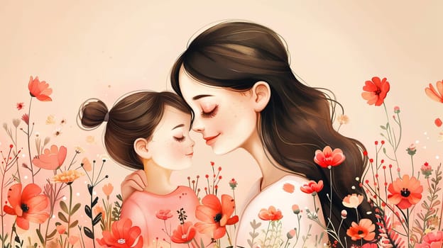 A painting depicting a mother and daughter sharing a tender kiss in a lush field of colorful flowers. The mother leans down, while the daughter reaches up, both with expressions of love and connection.