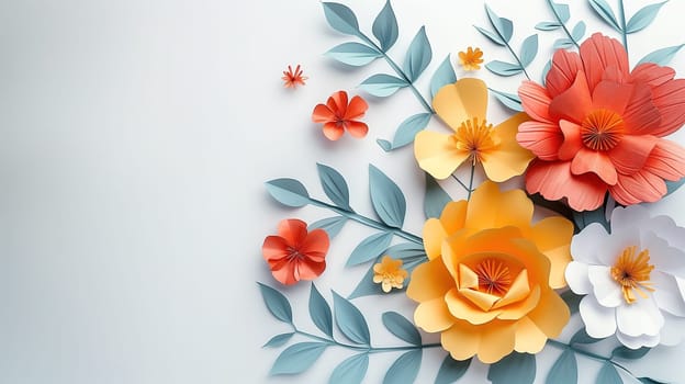 A variety of colorful flowers arranged in a bunch are mounted on a wall as part of the International Mothers Day concert decorations.