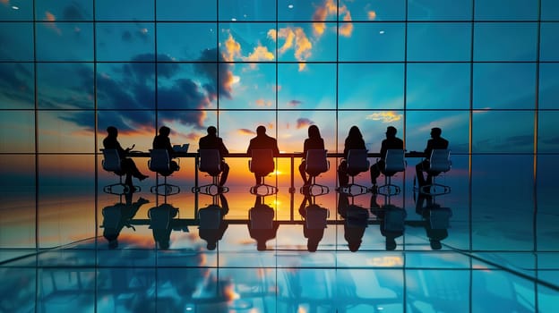 A group of professionals sitting around a rectangular table, engaged in a business meeting. They are discussing, sharing ideas, and brainstorming together in a conference room.