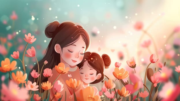 A woman is standing in a field of colorful flowers, gently holding a child in her arms. The child is looking up at her with a smile, surrounded by a sea of blossoms.