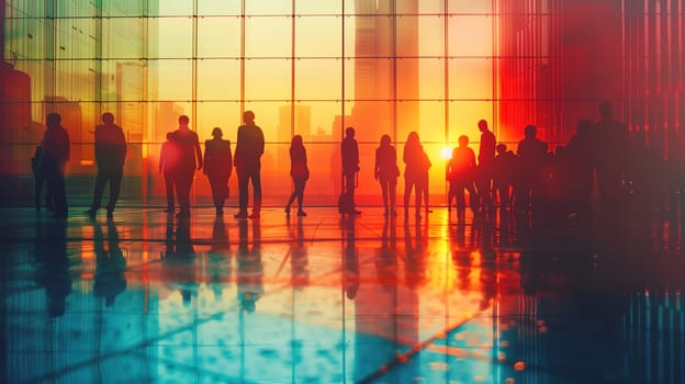 A group of corporate professionals is silhouetted against the vibrant hues of a sunset, reflecting off the glossy floors and transparent walls of a contemporary glass building, conveying a sense of business collaboration and ending of the workday.