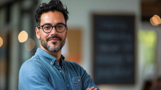 A man wearing glasses and a blue shirt is depicted in this image. He appears professional and focused, embodying a business concept.