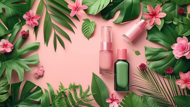 Pink flowers with green leaves spread across a pink background, creating a vibrant and colorful composition. The flowers are in full bloom, adding freshness and natural beauty to the scene.