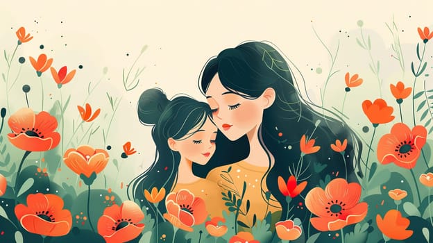 A woman and a child are standing in a beautiful field of colorful flowers. The woman is holding the childs hand as they both admire the vibrant blooms around them.