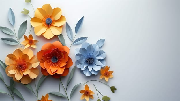 A collection of paper flowers is meticulously arranged on a clean white surface, showcasing different colors and shapes in a creative display.