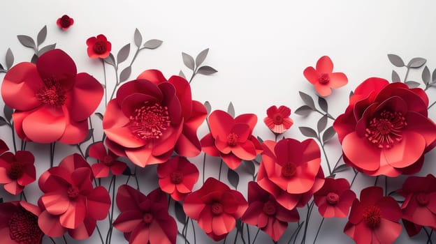 A cluster of vibrant red flowers stands out against a pristine white wall, creating a striking contrast and adding a pop of color to the space. The flowers are arranged neatly, showcasing their beauty and elegance.