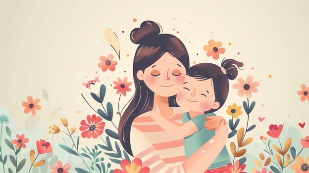 A woman standing in a field of colorful flowers, gently cradling a child in her arms. The bright blossoms contrast against the green grass, creating a vivid and heartwarming scene of maternal love and connection.