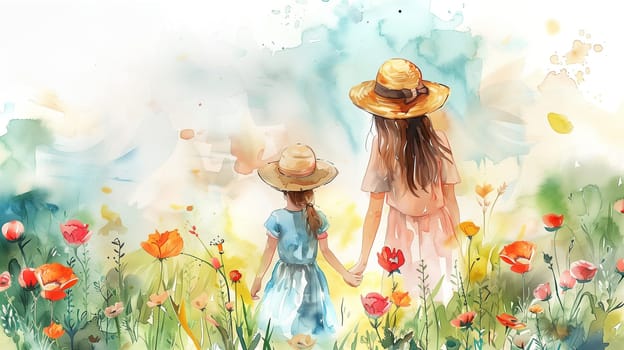 Two girls, wearing dresses, are strolling through a vibrant field of colorful flowers. The girls are hand in hand, enjoying the beauty of the surroundings under the clear sky.